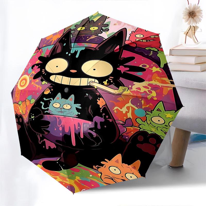 

1pc Colorful Cat Print Automatic Folding Umbrella, Portable Tri-Fold Design with 8-Rib Iron Frame, Perfect for Fans, Travelers, Daily Use, and Festive
