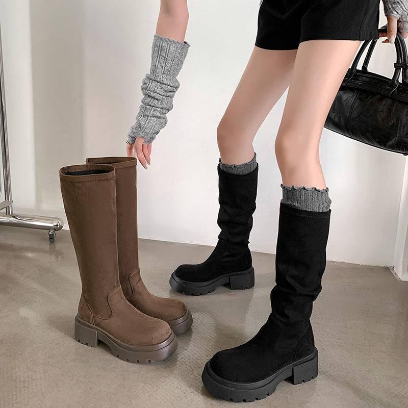 Autumn and winter leather knight boots women's sleeve cowhide large size women's boots solid color non-slip cowhide high heel thick-soled high boots