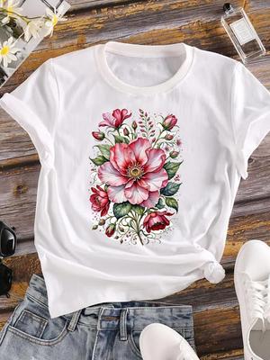 (Asian Size) Women Tee Top Clothing Trend Lovely Flower Casual Flower Short Sleeve T Shirt Fashion Print Lady Female Graphic T-shirts