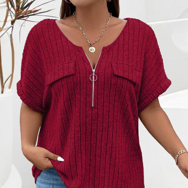 

Весна и лето, новый однотонный большой женский топ на молнии с коротким рукавом, пуловер с карманами, свободная футболка XL красный