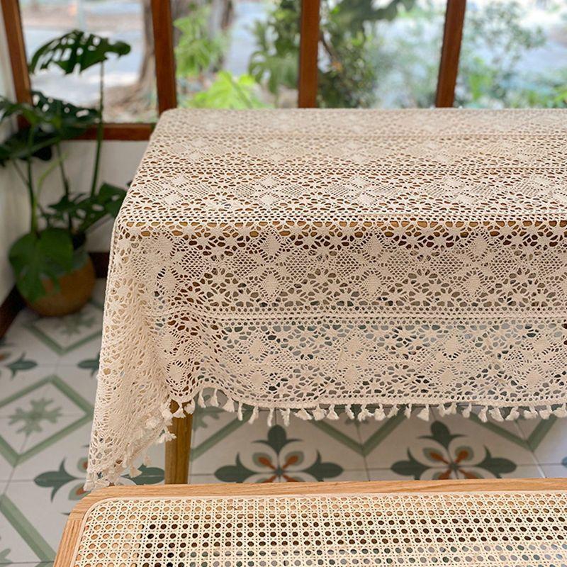 Handcrafted Floral Lace Polyester Tablecloth, Square French Vintage Lace Edge Design for Dining, Coffee Table & Party Decor