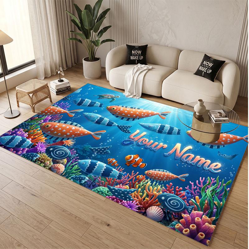 Fish Ocean Theme Soft Crystal Velvet Rug Custom Name & Text Print Non Slip Floor Rug for Bedroom Living Room