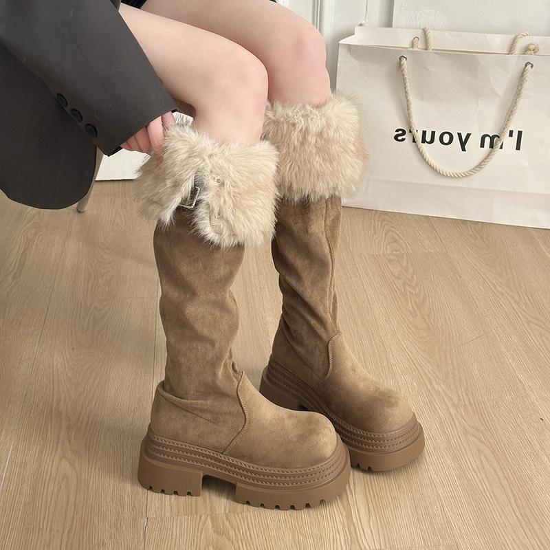 Women's Fur Integration Thick Bottom Heightening Winter Lightweight Warm Snow Boots Non-slip Wear-resistant Casual Sports Long Cotton Boots