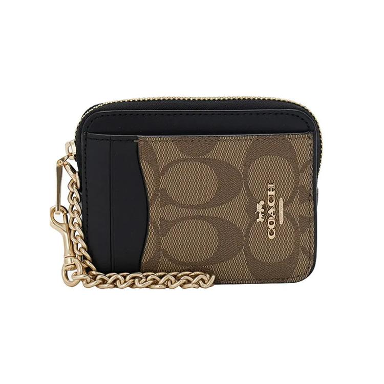 

New COACH Card Case Canvas With Leather Wallet Clutch Coin Purse Women s Khaki Black C1885-IMNOX 10.4*2.5*8.1CM