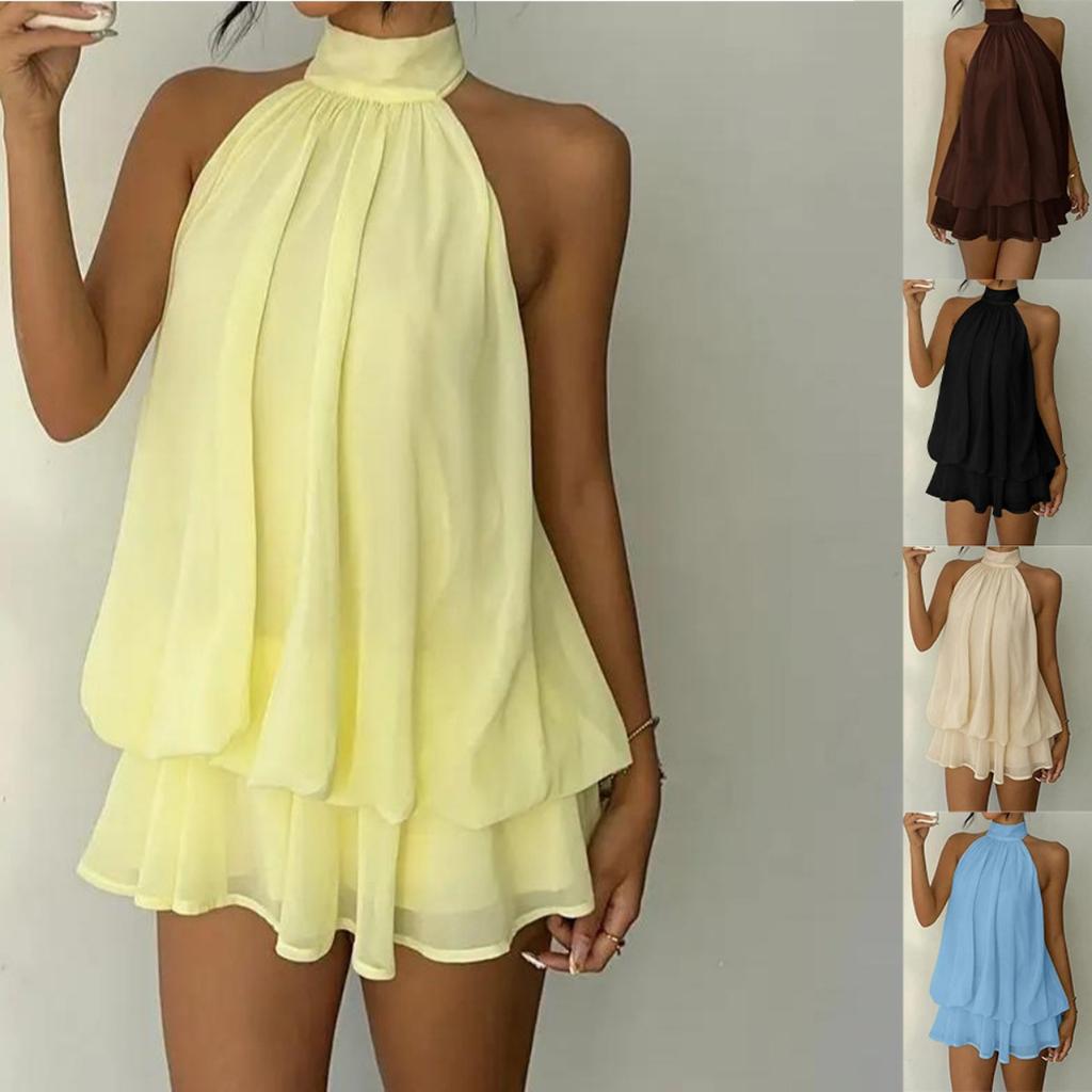Mini Abito da Donna Scollo all'Americana Senza Maniche Slim Monocolore Dolce Vacanza Stratificato Chiffon Festa Abito da Sole