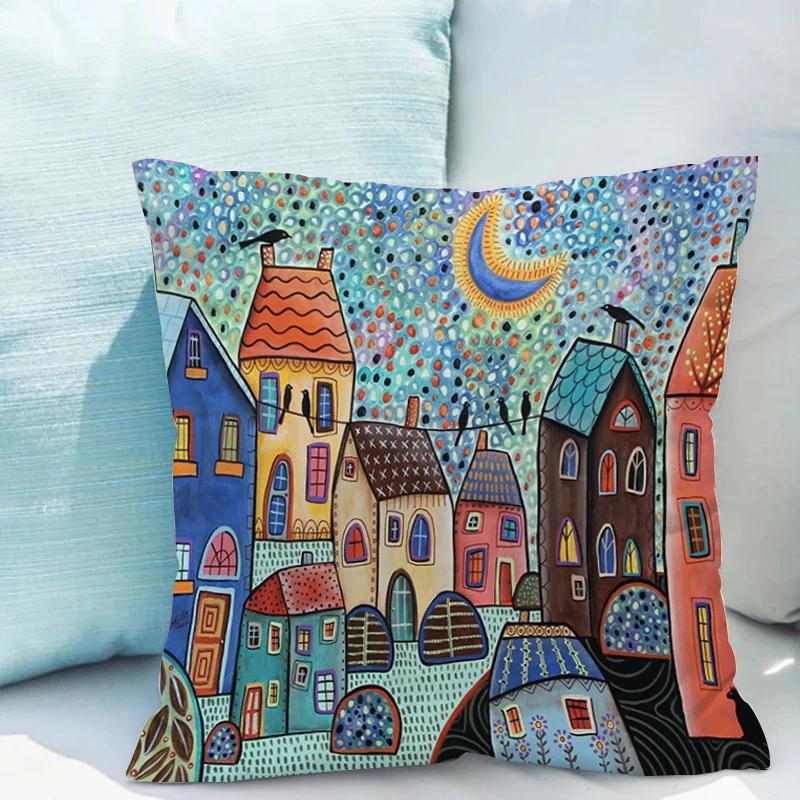 Retro Rural Color Cities Pillows Cushions 40x40 Car Double-sided Printing Room Decor Sofa Pillow Cover Cushion Short Plush Couch