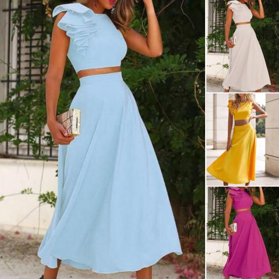 2-teiliges Set Damenanzug, einfarbig, rückenfrei, schnelltrocknend, kurzes Oberteil, Midirock für den Alltag