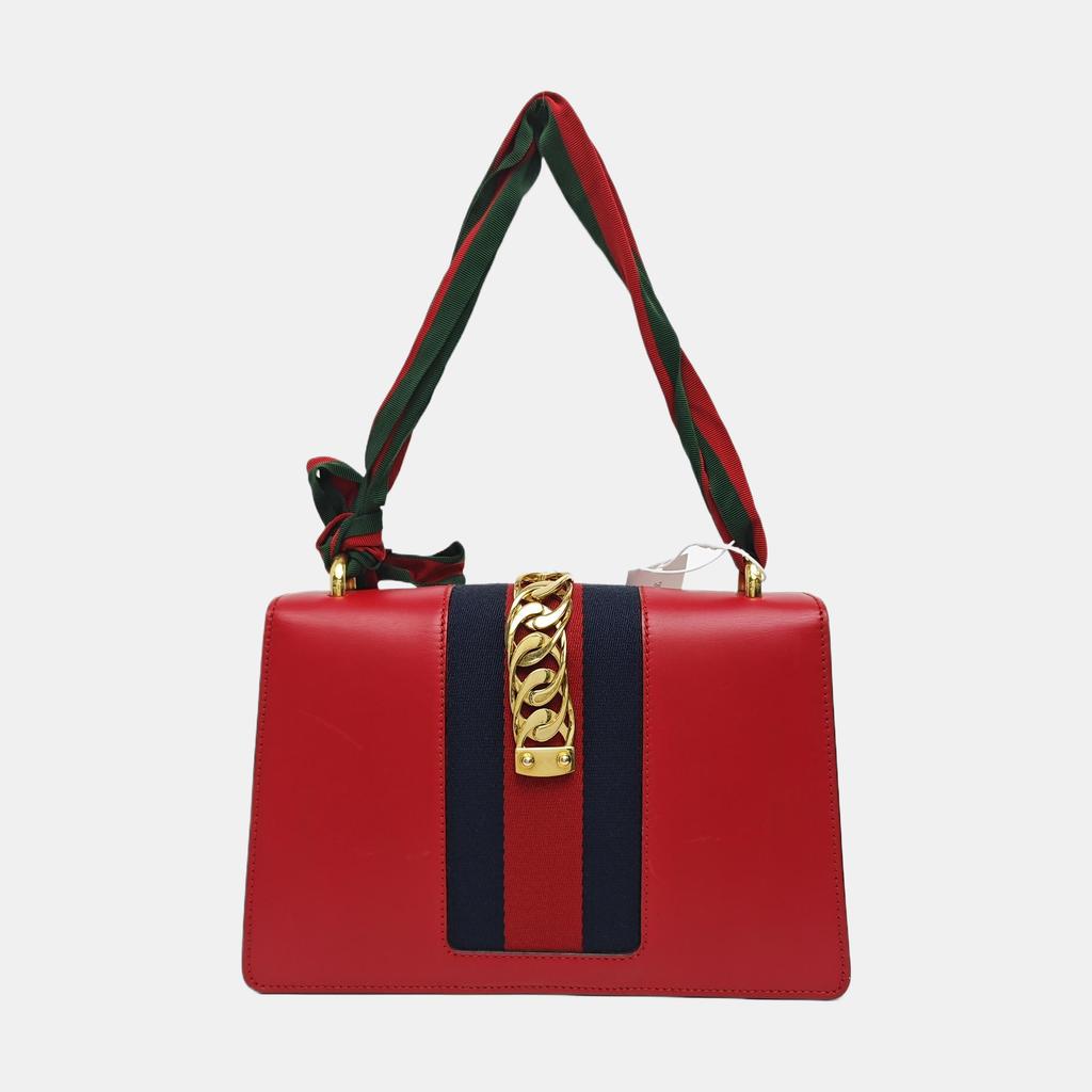 [Pre-Owned] Sylvie Gold Buckle Striped Web Ribbon Bow Wide Shoulder Strap Leather Shoulder Crossbody Handbag Small - Fair #A0MMC6