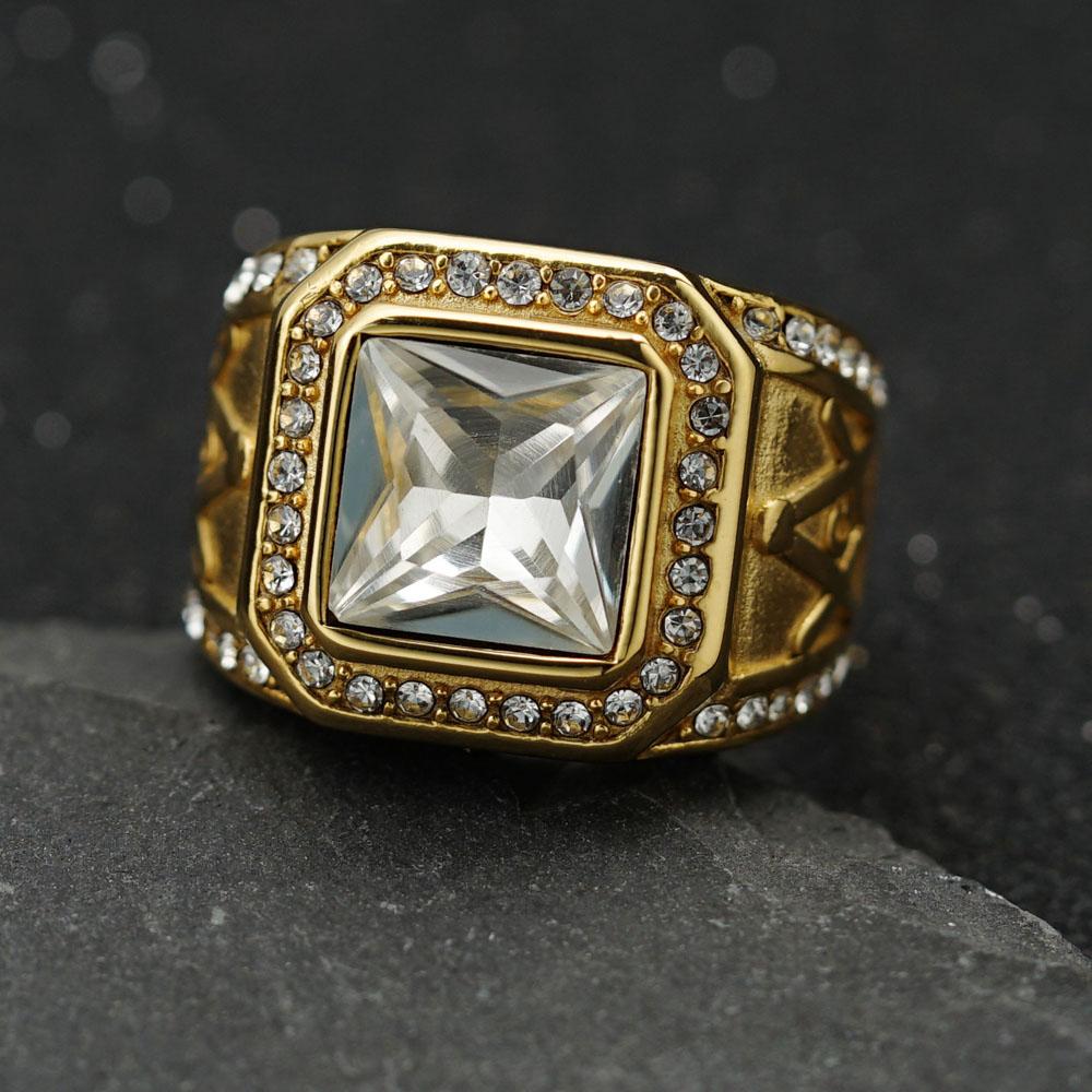 Stainless Steel Ring Vintage Gold Color Rhinestone Male Hiphop Rock Man Women Retro Free Mason Freemasonry Masonic Jewelry
