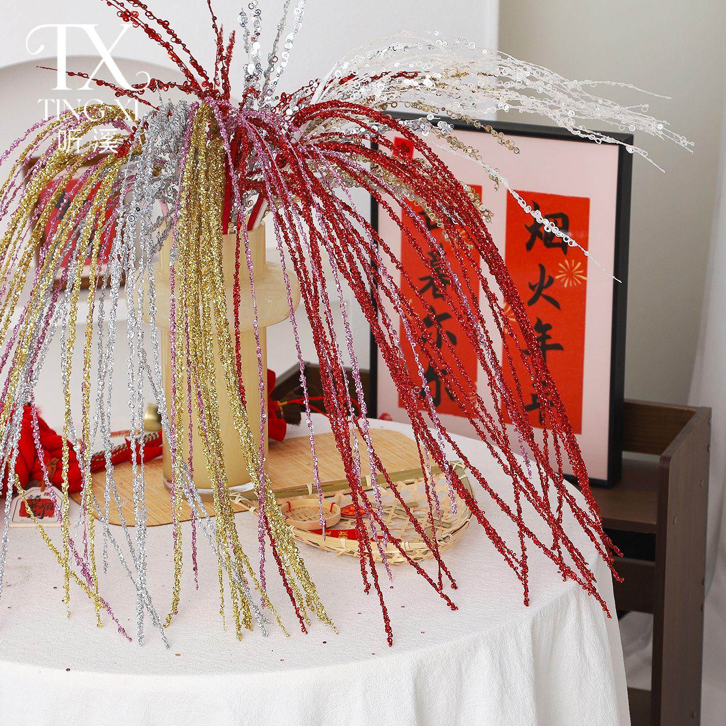 2026 Chinese New Year Sequin Tassel Firecracker Stick for Flower Bouquets Smoky Red Glitter Fireworks: 1 piece