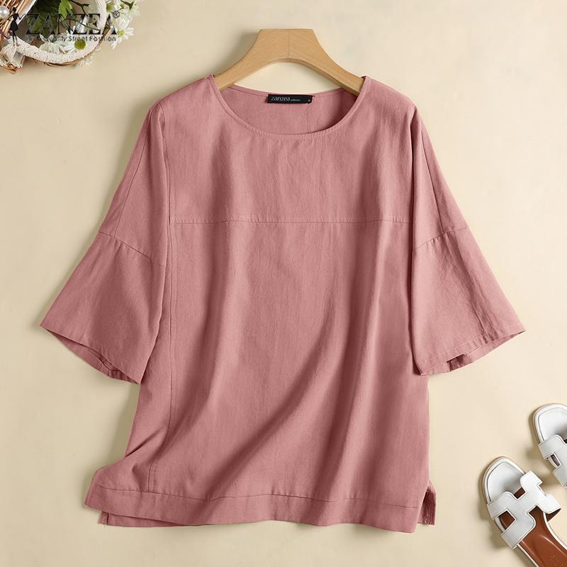 

ZANZEA Женская летняя повседневная хлопковая блузка с круглым вырезом и половиной рукавов Топы