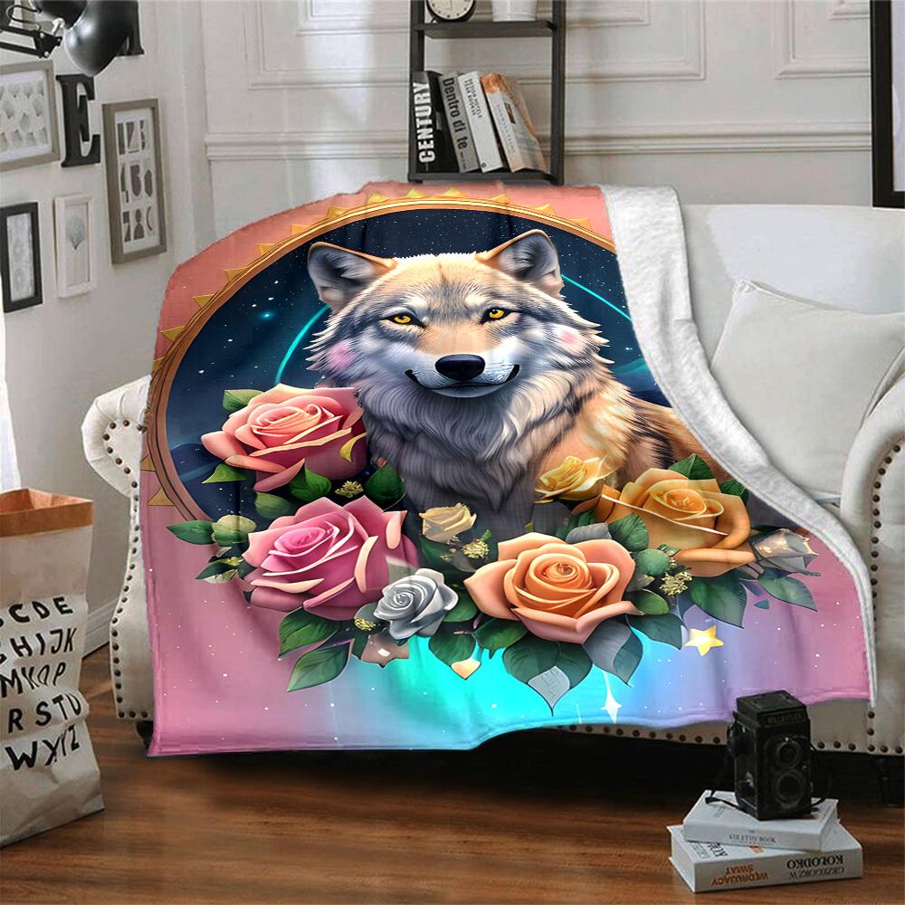 1pc Wolf Roses Blanket, Lightweight Flannel Fleece with Digital Printing, Soft Warm for Sofa, Travel, Camping, Office, Couch, Chair, and Bed, All-Seas