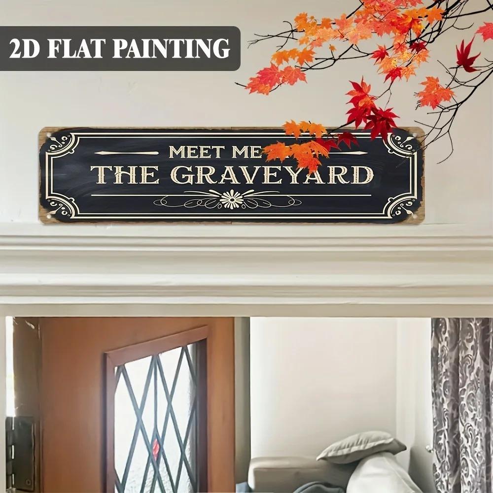 Spooky Graveyard 2D Flat Metal Sign, Gothic Wall Art for Bathroom, Cottage and Christmas Decor