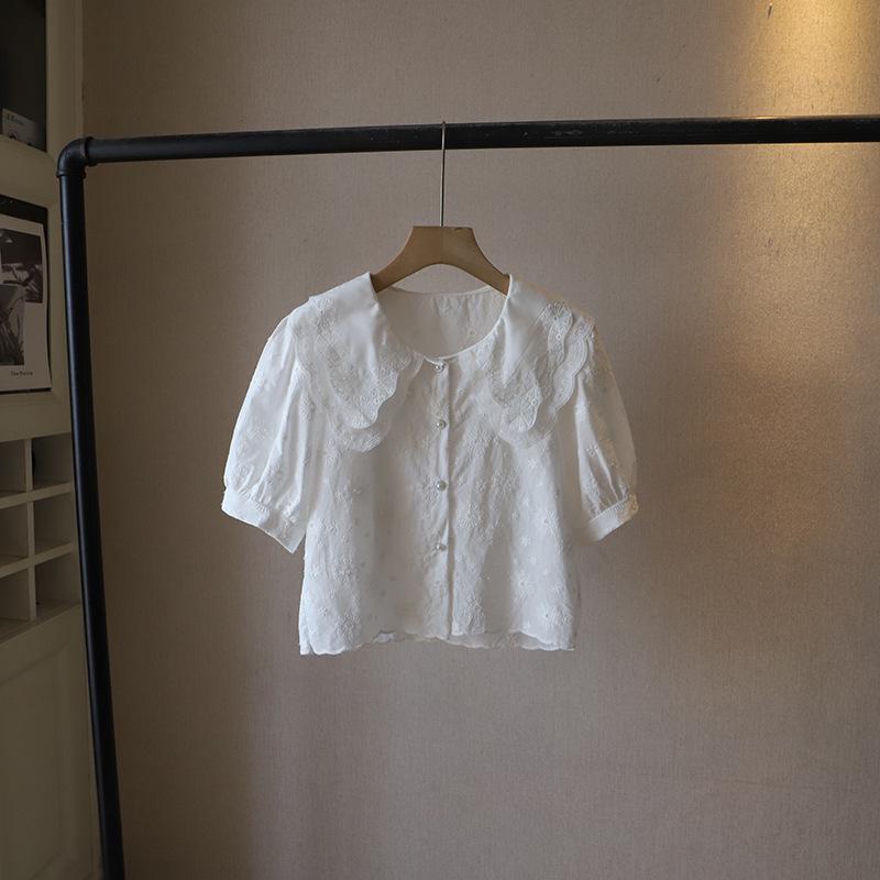 

Блузка Bi Zheng 2025 с корейским воротником Питер Пэн, рукавами-буфами и жаккардовым узором One Size белый