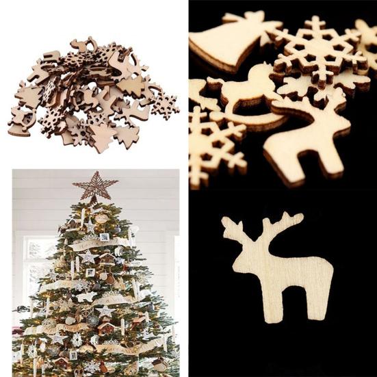 50Pcs Wooden DIY Christmas Tree Snowflake Star Hanging Ornaments Table Craft