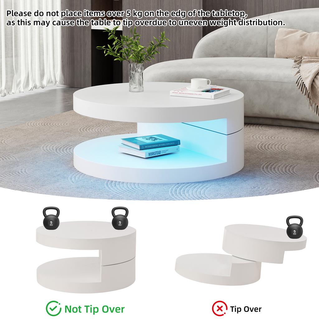Stolik Kawowy 70*70*35,5cm, Blat Swobodnie Obrotowy 360 stopni, z Paskiem Oświetleniowym LED, Cylindryczny MDF, Nośność do 30 kg, Struktura Dwupoziomowa