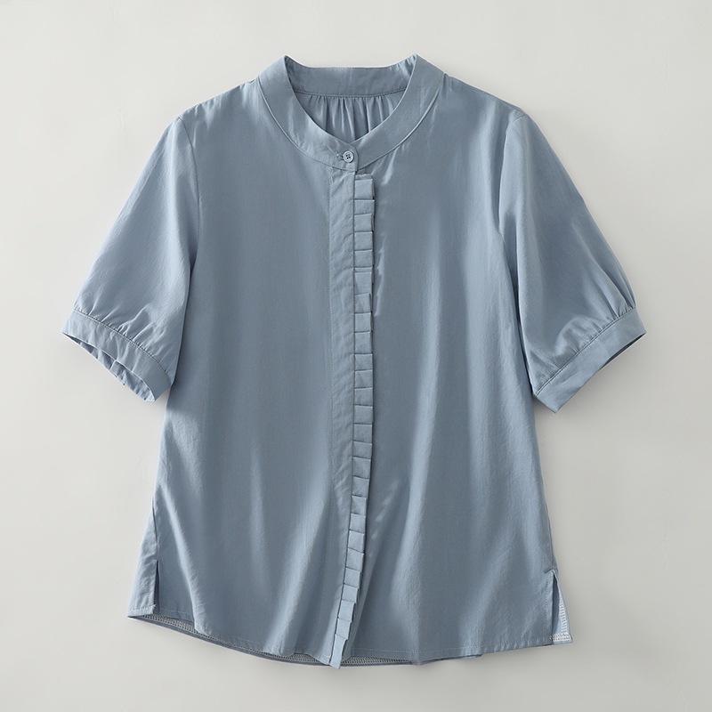 

Однотонный топ из хлопка и льна с круглым вырезом и короткими рукавами, женская летняя новая рубашка свободного покроя с деревянными ушками, большой размер 2XL синий