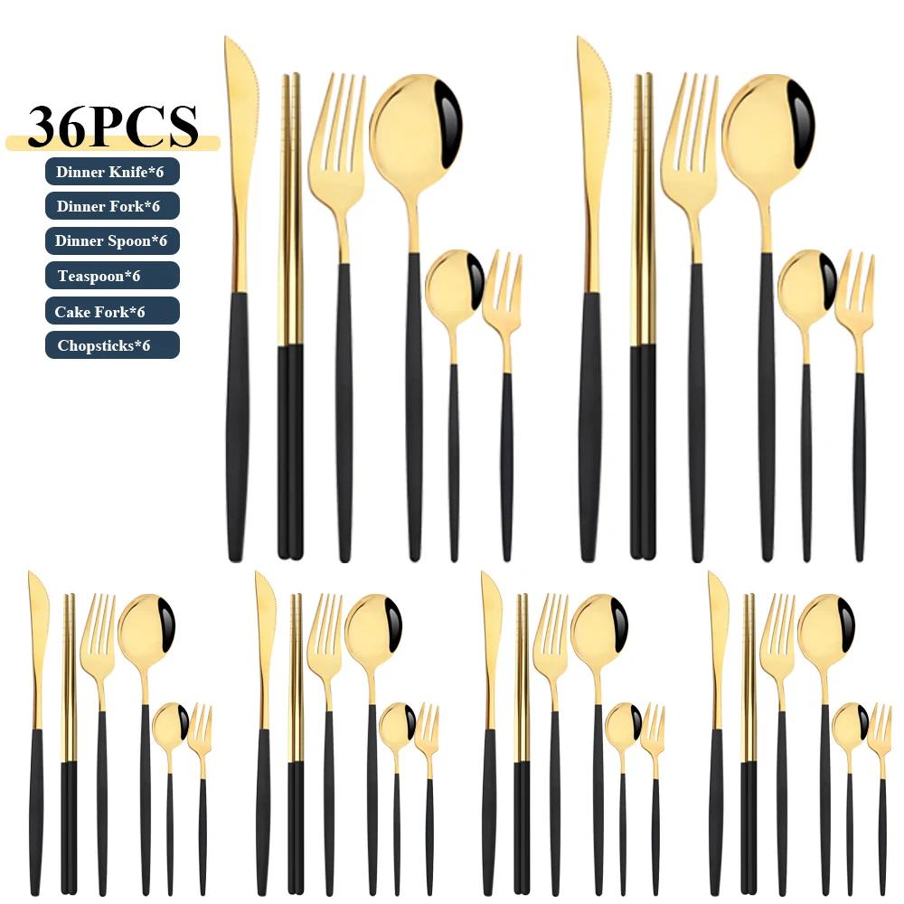 36Pcs Stainless Steel Dinner Black Silver Dinnerware Set Knife Fruit Fork Spoon Cutlery Set Kitchen Tableware Silverware Sets