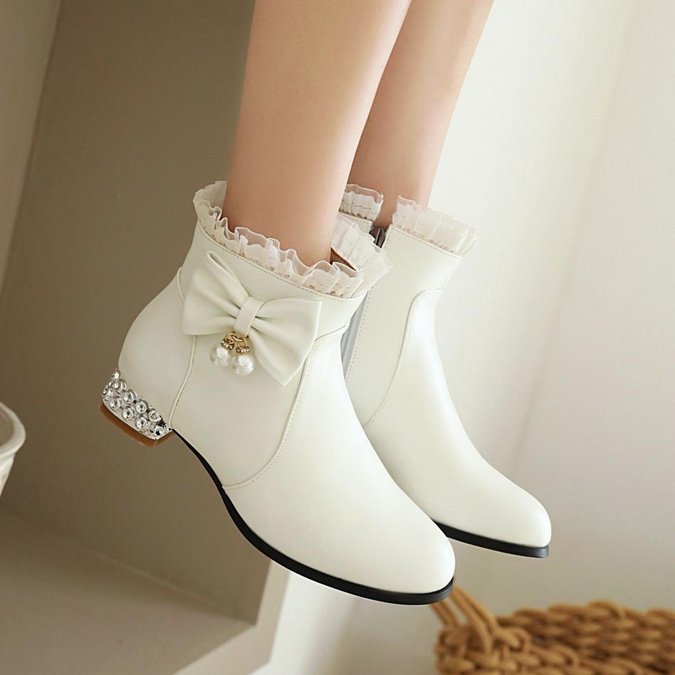 Autumn Winter Girls Boots Sweet Bow Zipper Ankle Boots Comfort Square Heel Women Boots Pink Lolita Student Shoes Plus Size 28-43