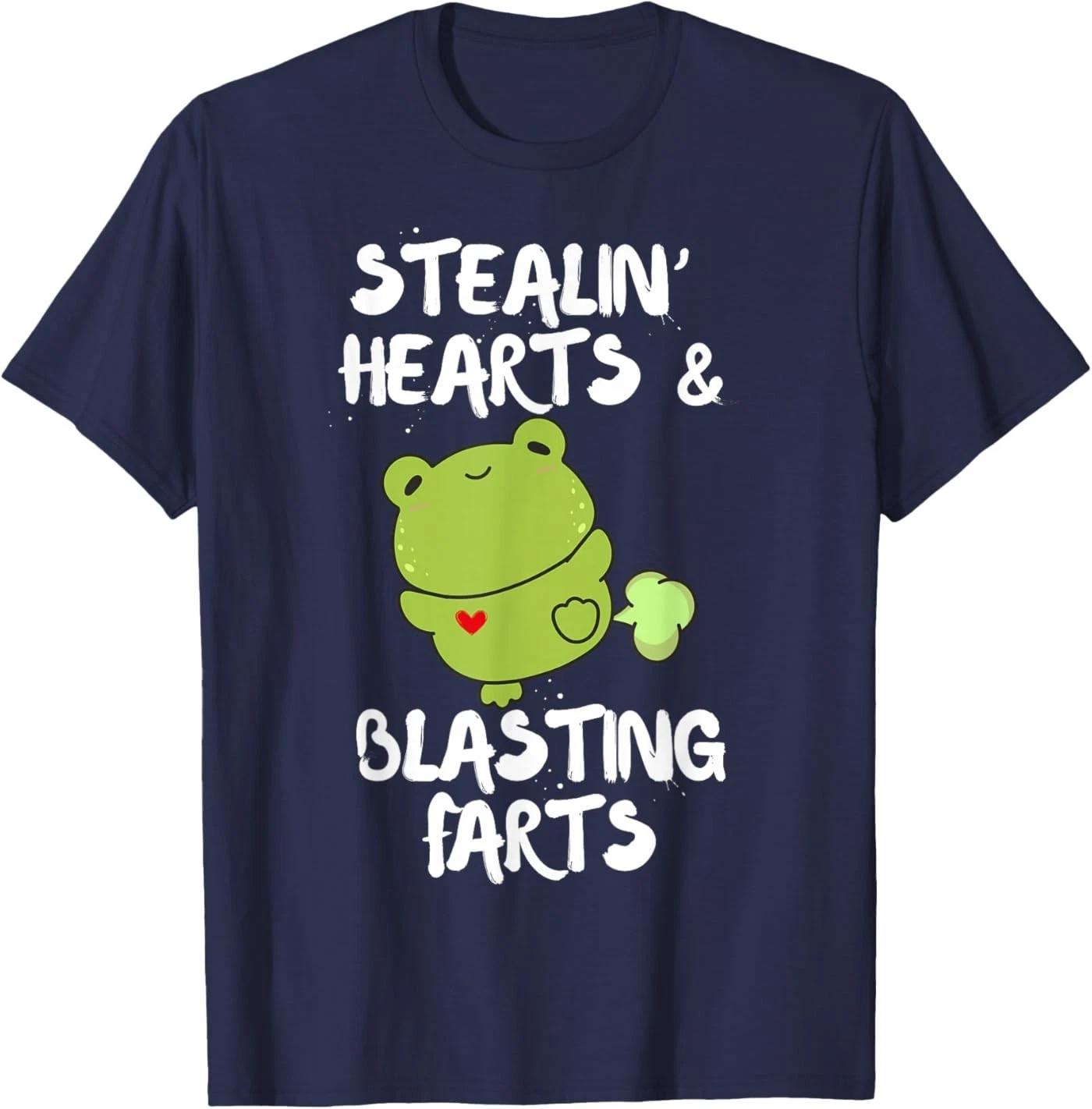 Valentines Day Stealing Hearts and Blasting Farts Funny Frog 100% Cotton T-shirt Mens Tees Top 3XL