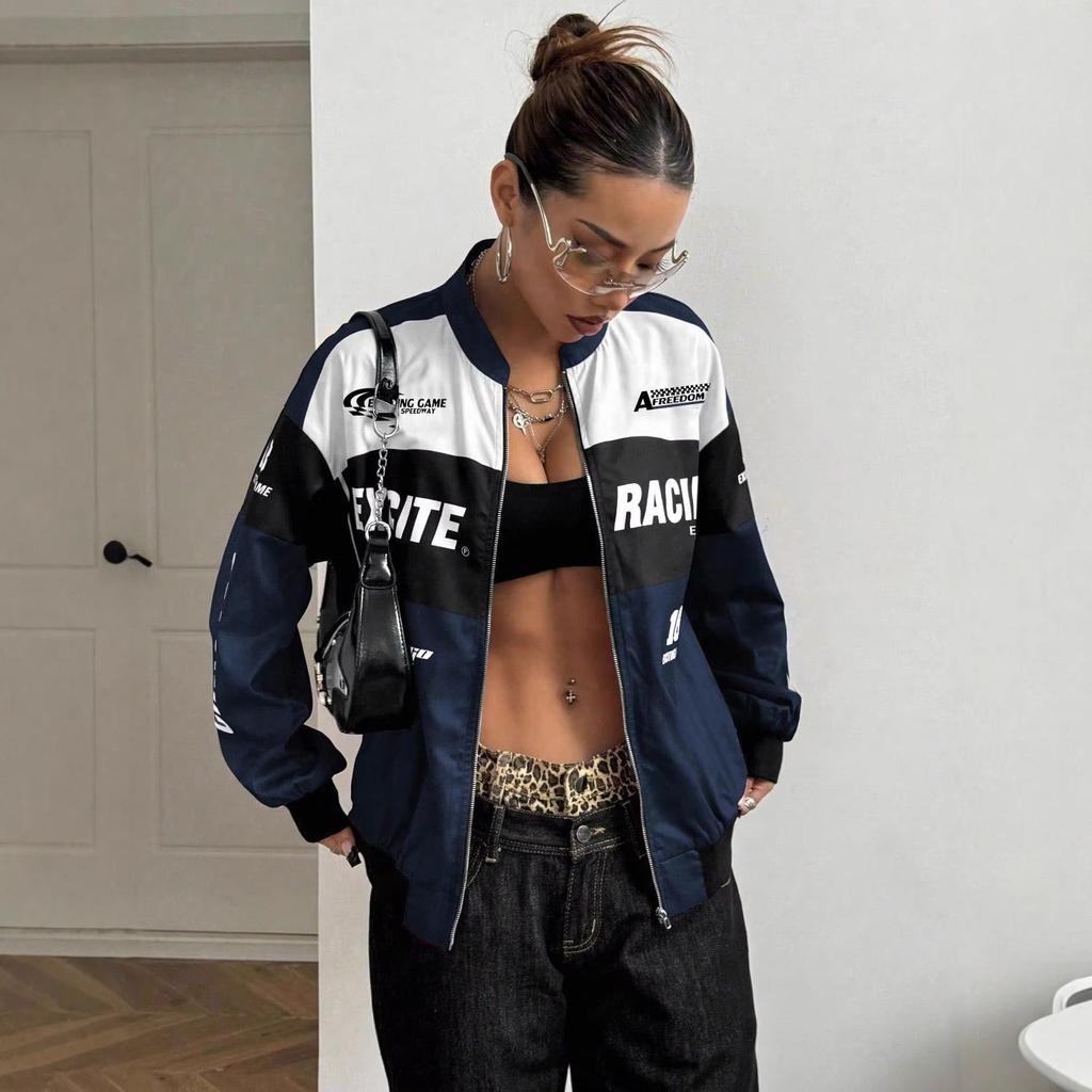 Női Hosszú Ujjú Álló Galléros Színblokkos Versenydzseki Betűnyomott Cipzáros Streetwear Bomberdzseki Alkalmi Felsők