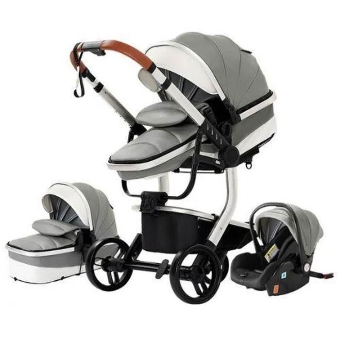 Poussette 3 en 1 Bébé Combinée Siège-Auto Nacelle Trio Réversible cuir pu Roues increvables Canne.Gris