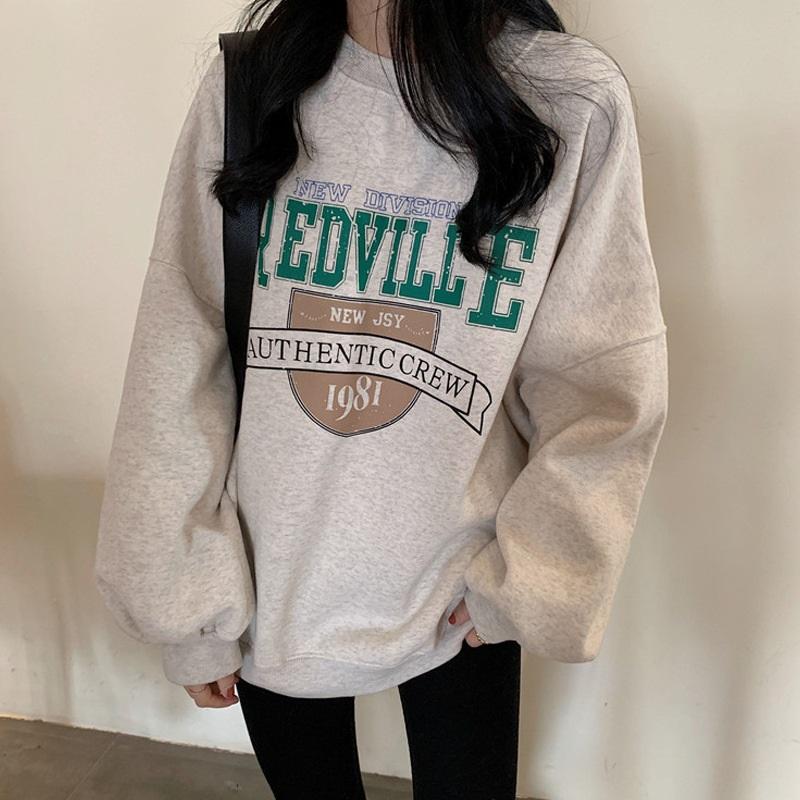 Women s Vintage Letter Print Crew Neck Sweatshirt Oversized Casual Pullover M серый