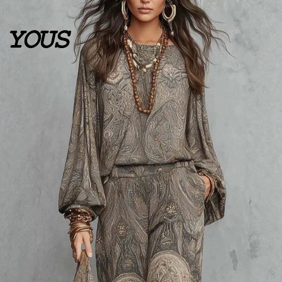 Relaxed Fit Women Outfit Boho Print 2 Piece Sets for Women, Casual Long Sleeve Top Side Pocket Pants Wide Leg Matching Sets, Summer Loose Travel