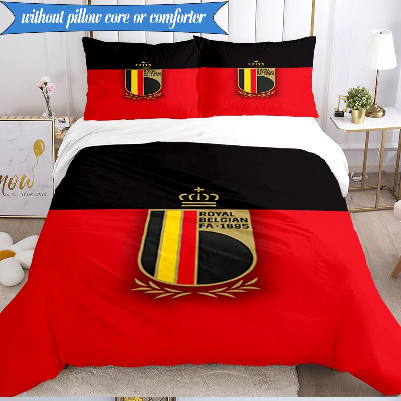 3PCS Belgium Football Crest Emblem Bedding Set 2D Printing (Includes 1 Duvet Cover + 2 Pillowcases Coreless), Bedroom decor,Fan gift