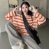 Crew Neck Striped Long Sleeve Shirt Women's Autumn New Design Loose Slimming Casual Student Slit Top