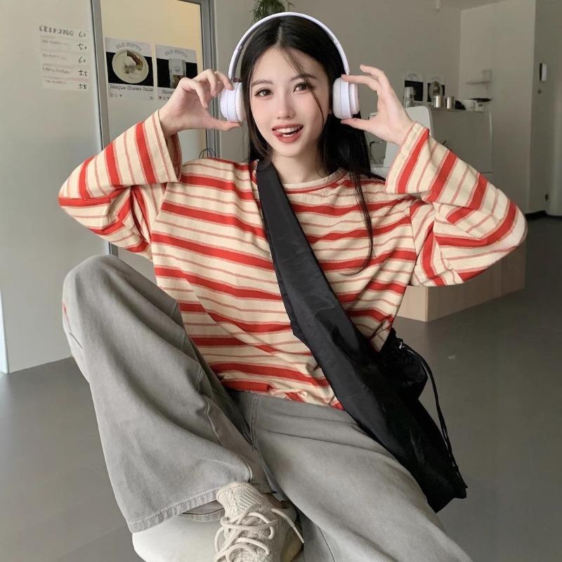 Crew Neck Striped Long Sleeve Shirt Women's Autumn New Design Loose Slimming Casual Student Slit Top