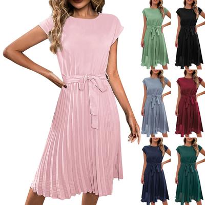 Women's Summer Round Neck Tie Solid Color Pleated  Dresses