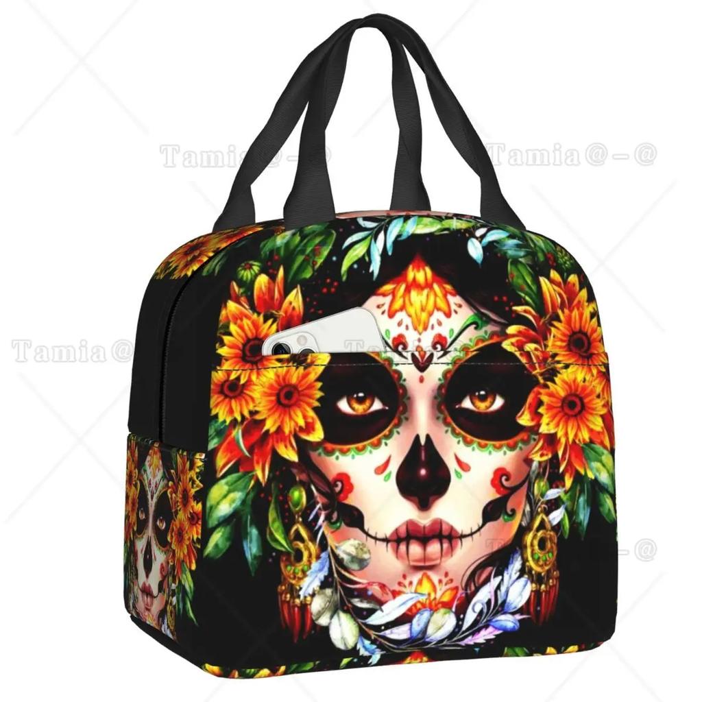 Day Of The Dead Kitten Cat Sugar Skull Lunch Box Multifunction Mexican Halloween Floral Thermal Cooler Food Insulated Lunch Bag