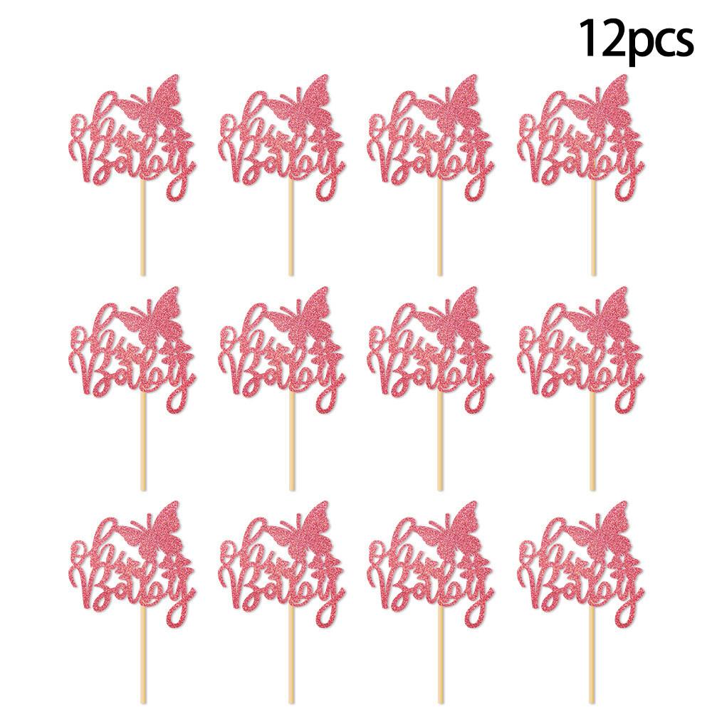 Baby Birthday Celebration Cake Decor Kit With Pink Glitter Paper Flags Event For