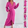 Women's Satin Wrap Long Dress V Neck Long Sleeve Maxi Dress High Slit Party Dress Cocktail Evening Gown