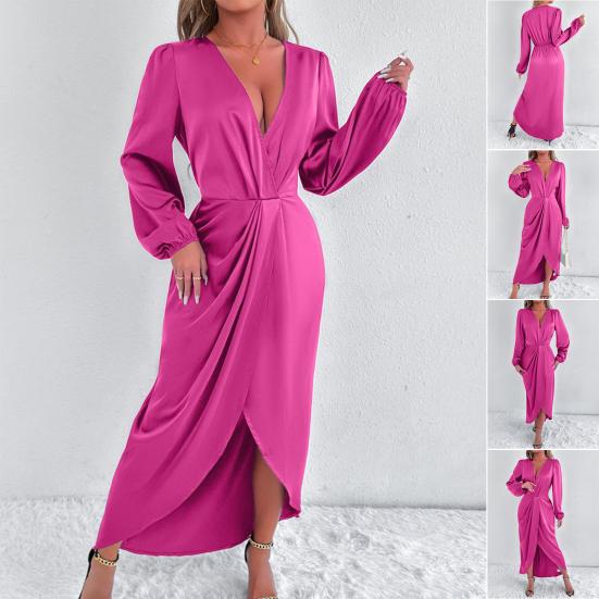 Women's Satin Wrap Long Dress V Neck Long Sleeve Maxi Dress High Slit Party Dress Cocktail Evening Gown