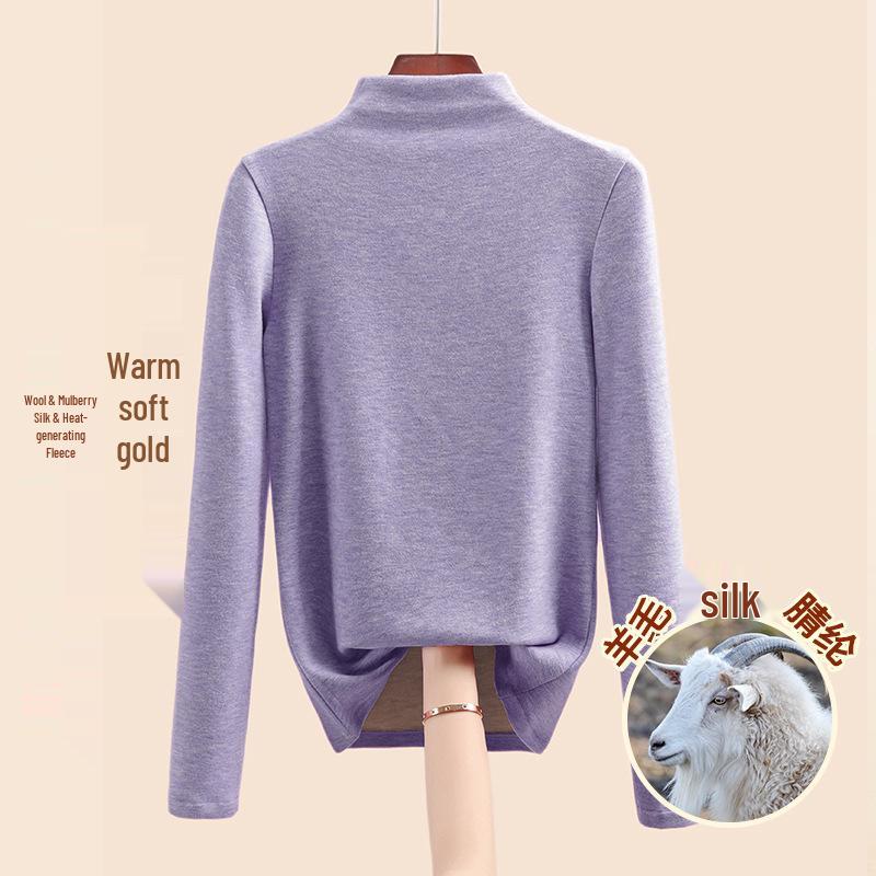 Women's Mulberry Silk Wool Fleece-Lined Warm Base Layer, Mid-High Neck, Autumn/Winter 2025 Collection