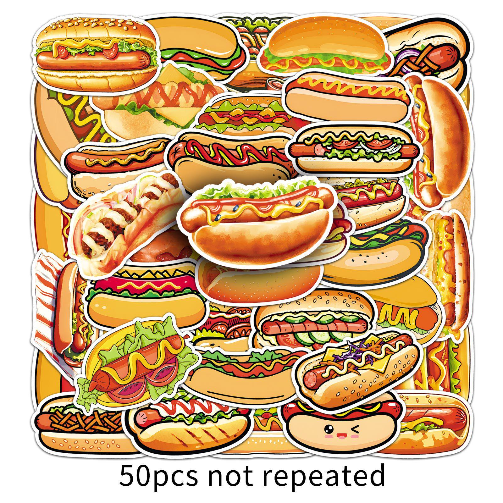 50PCS Creative Waterproof Hot Dog Stickers for Notebooks, Luggage, and Desktops