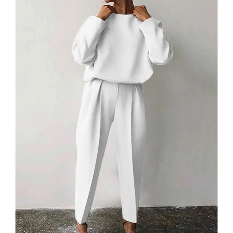 Kobiety eleganckie solidne zestawy 2-częściowe Casual O-Neck pulowerowe topy długie spodnie garnitur moda damska luźne stroje Streetwear