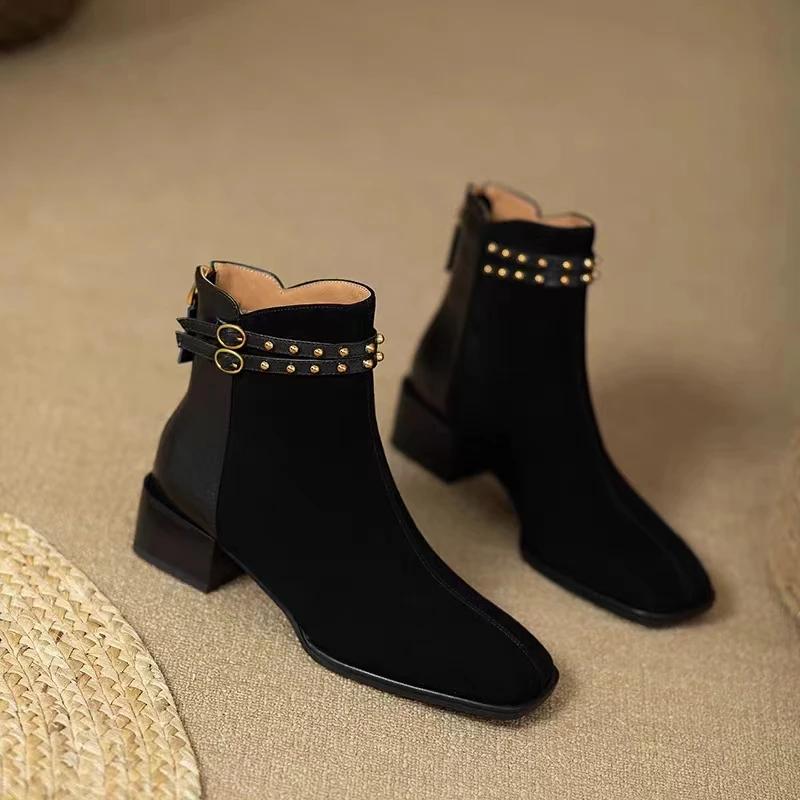 Shoes for Women 2025 Korean Fashion Square Toe Women's Boots Simple All-match Black Ankle Boots Stylish Office Ladies Shoes