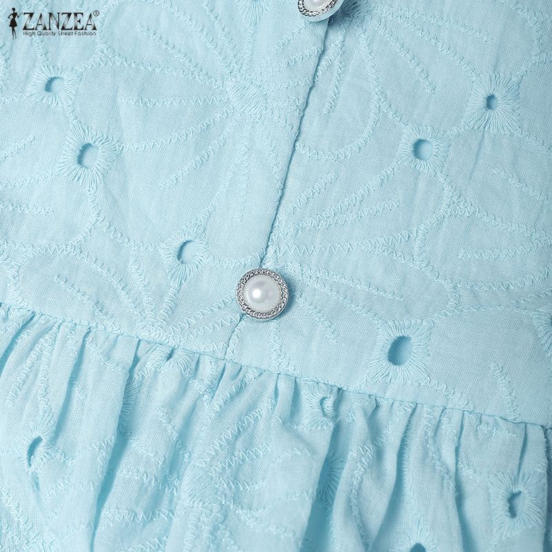 ZANZEA Women Casual Turn Down Collar Summer Patchwork Crochet Short Sleeve Dress