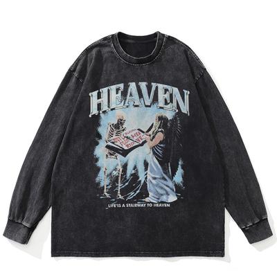 Футболка Streetwear Heaven Graphic Washed Black, хлопковая, унисекс, большие размеры, длинные рукава, футболка
