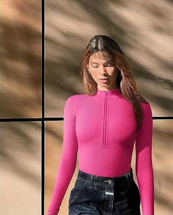 2023 Sexy žebrovaný body s dlouhým rukávem a zipem