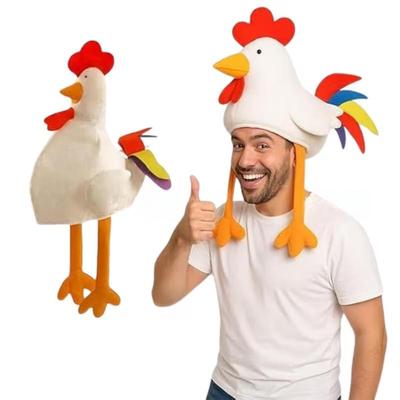 Chicken Head Hat Costume Rooster Style Plush Hat with Hanging Legs and Tail Feathers for Halloween Thanksgiving Party Dress Up