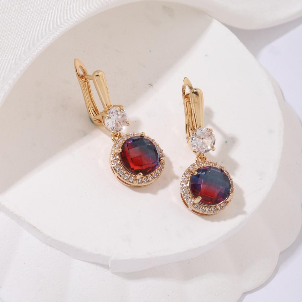 3pcs/set Luxurious  Colorful Cubic Zirconia Round Dangle Earrings Jewelry Sets for Women Wedding Daily Accessories with Stainless Steel Necklace