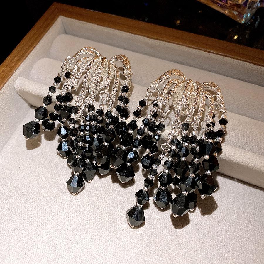 Silver needle glass geometric section beaded fringed earrings retro personality court style stud earrings niche high-end earrings