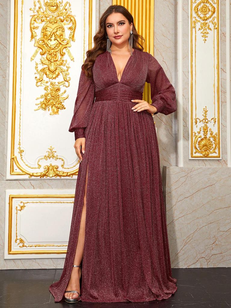 Plus Size Women's Deep V-Neck Lantern Sleeve Evening Gown with Slit - FMGN1043