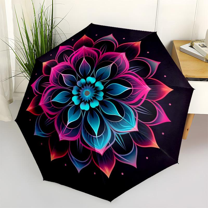 1pc Neon Lotus Mandala Artwork Umbrella with Plastic Handle,Vibrant Cartoon Pattern,Multi-functional UmbrellaPT026