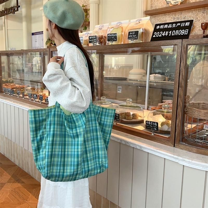 New Plaid Double-sided Dual-purpose Shoulder Bag Women's Fashion Simple Large-capacity Work Canvas Bag