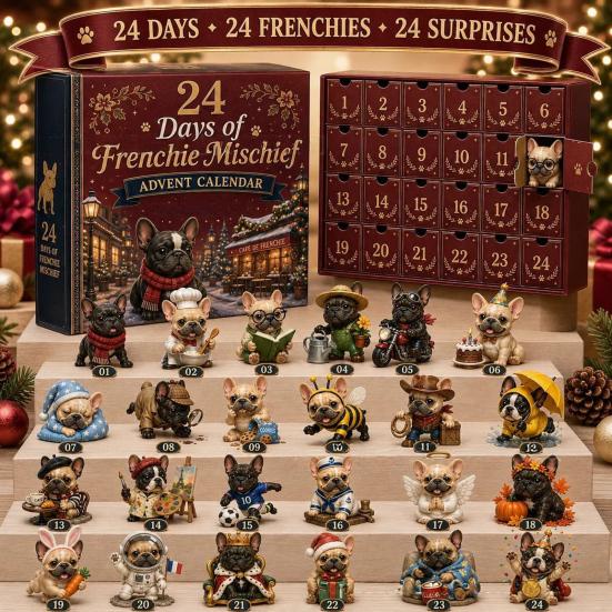Cute Puppy Christmas Decoration French Bulldog Advent Calendar, 24-Day Countdown Acrylic Ornament, Collectible Dog Lover Holiday Gifts Figurine